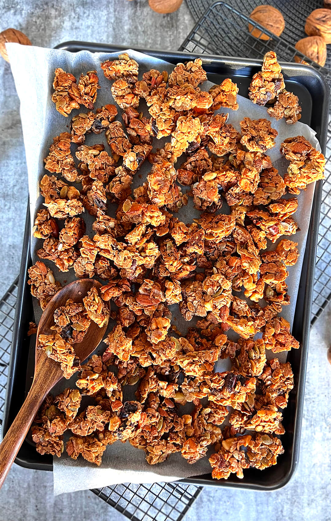Easy Crunchy Granola Clusters on a try, showing how big are these cluster granola - secret to make the best big healthy cluster granola at home