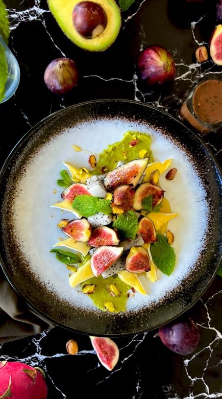 Exotic Pistachio Avocado Cream with Brie Fig Dragon Fruit Topping 01