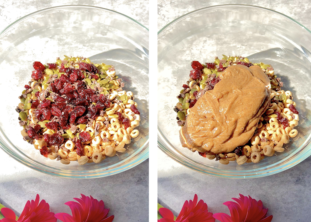 add all the ingredients, almond butter, almond butter, pumpkin seeds, cacao nibs gluten-free and sugar-free cereal to a bowl and mix to make Healthy peanut butter chewy Homemade cereal bars