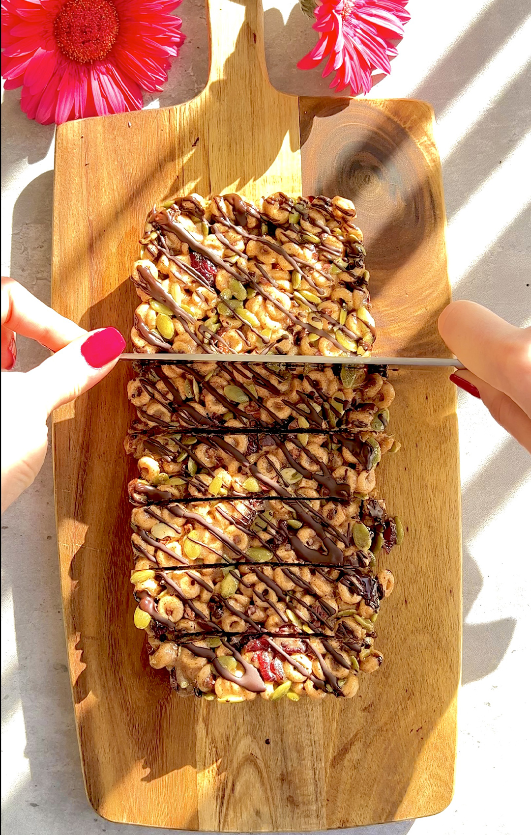 sliced the homemade paleo bars with nuts, seeds, and dried cranberries
