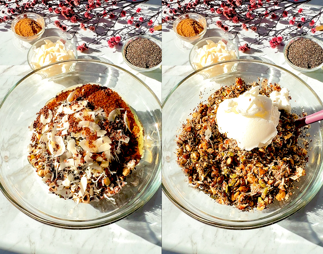 Step-by-step photo of chopped hazelnuts, almonds, and walnuts in a glass bowl with chia seeds added. Starting the healthy grain-free granola mix.