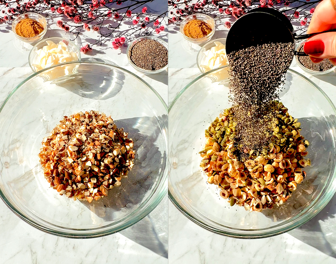 All ingredients for Nutty Coconut Crunch Granola combined in a bowl. Frothy egg white being added to bind this high-protein, refined sugar-free granola