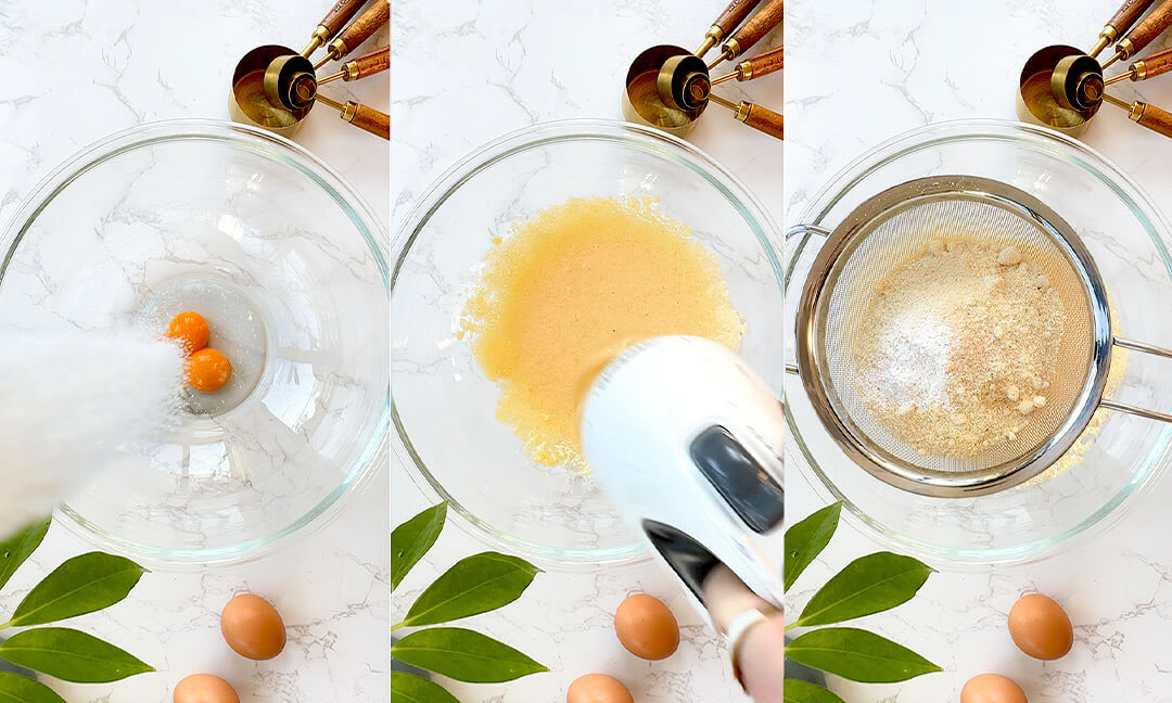 Instructional collage showing 3 key steps to make the blondie batter for Almond Croissant Bars. Includes egg yolk whisking, ingredient mixing.