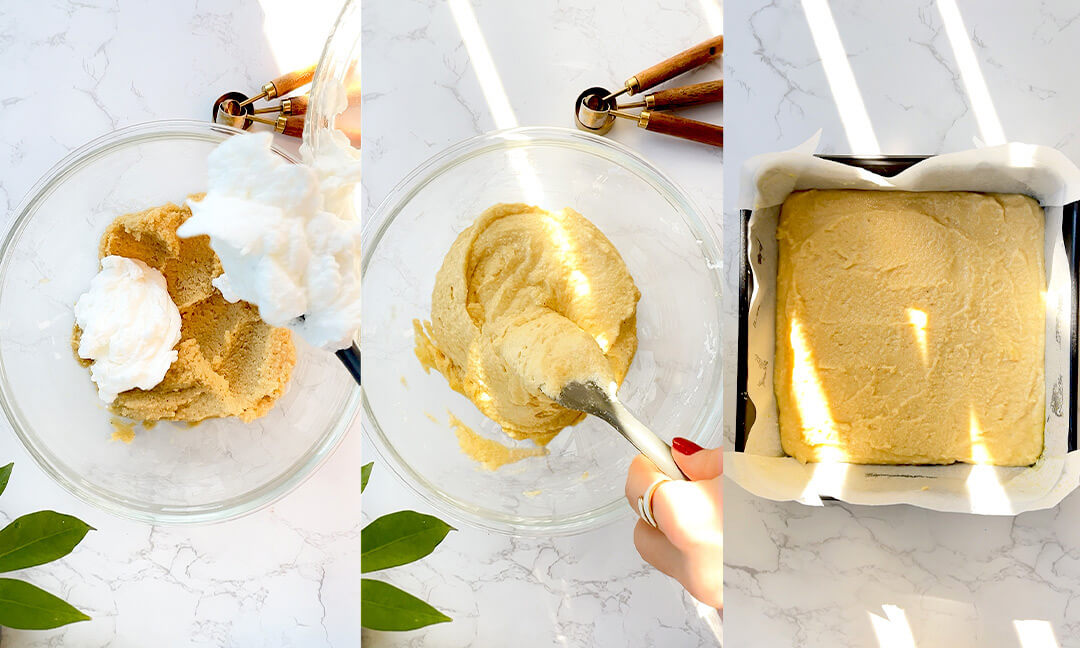 Instructional collage showing 3 key steps to make the blondie batteR-Gently fold the beaten egg whites into the batter to keep the mixture light and airy.