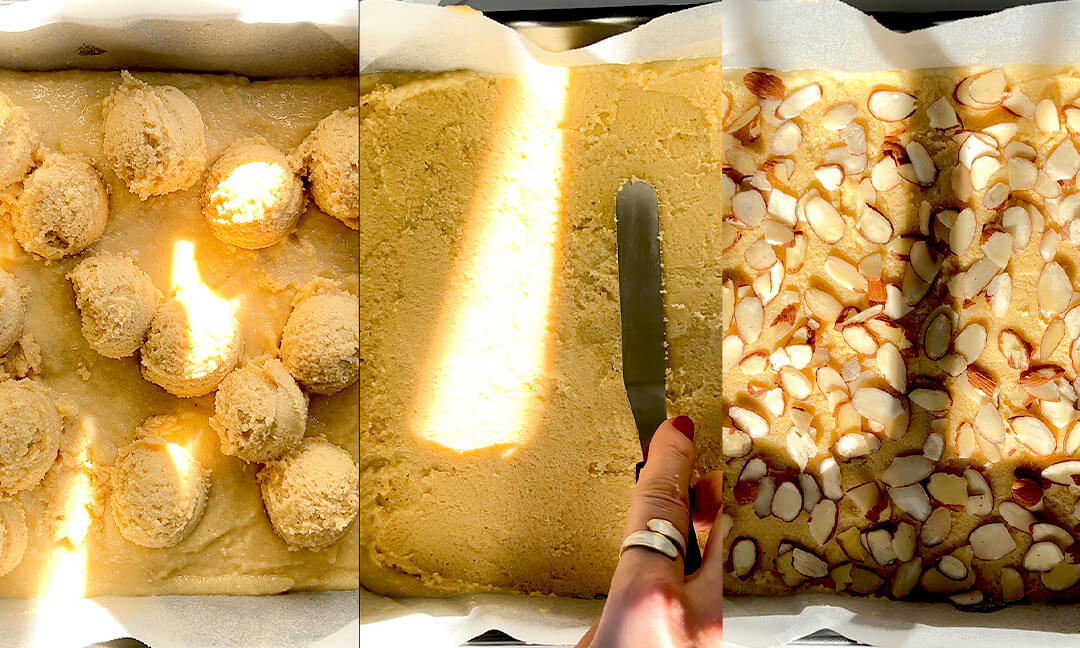Series of images showing how to assemble the Almond Croissant Bars. Blondie batter is spread into the pan, topped with spooned frangipane, and finished with sliced almonds. Each layer adds rich texture and almond flavour. Paleo option, Sugar-Free, Gluten-Free.