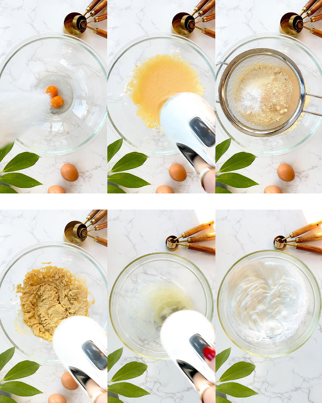 Tips to Make the Best Almond Croissant Bars-Instructional Series of 6 images with detail, showing key steps to make the blondie batter for Almond Croissant Bars. Includes egg yolk whisking, ingredient mixing, and folding egg whites for a light and fluffy texture.