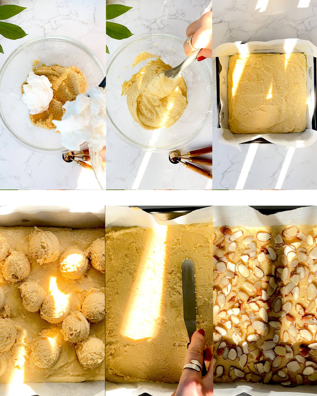 Tips to Make the Best Almond Croissant Bars-Series of images showing how to assemble the Almond Croissant Bars. Gently fold the beaten egg whites into the batter to keep the mixture light and airy.Blondie batter is spread into the pan, topped with spooned frangipane, and finished with sliced almonds. Each layer adds rich texture and almond flavour. keto, Sugar-Free, Gluten-Free.