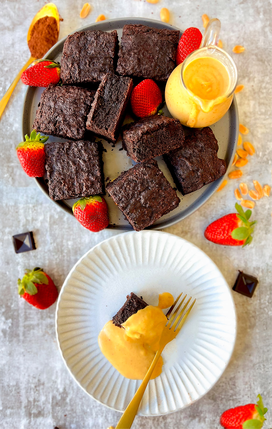 rich and creamy texture of Peanut Butter Dessert Sauce served with fudgy brownie cake (Refined Sugar-Free, dairy free, paleo )