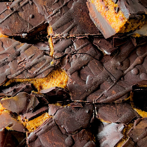 Close-up of a sliced chocolate caramel bar with gooey, rich creamy cashew date filling texture and glossy dark chocolate shell- these are paleo and vegan