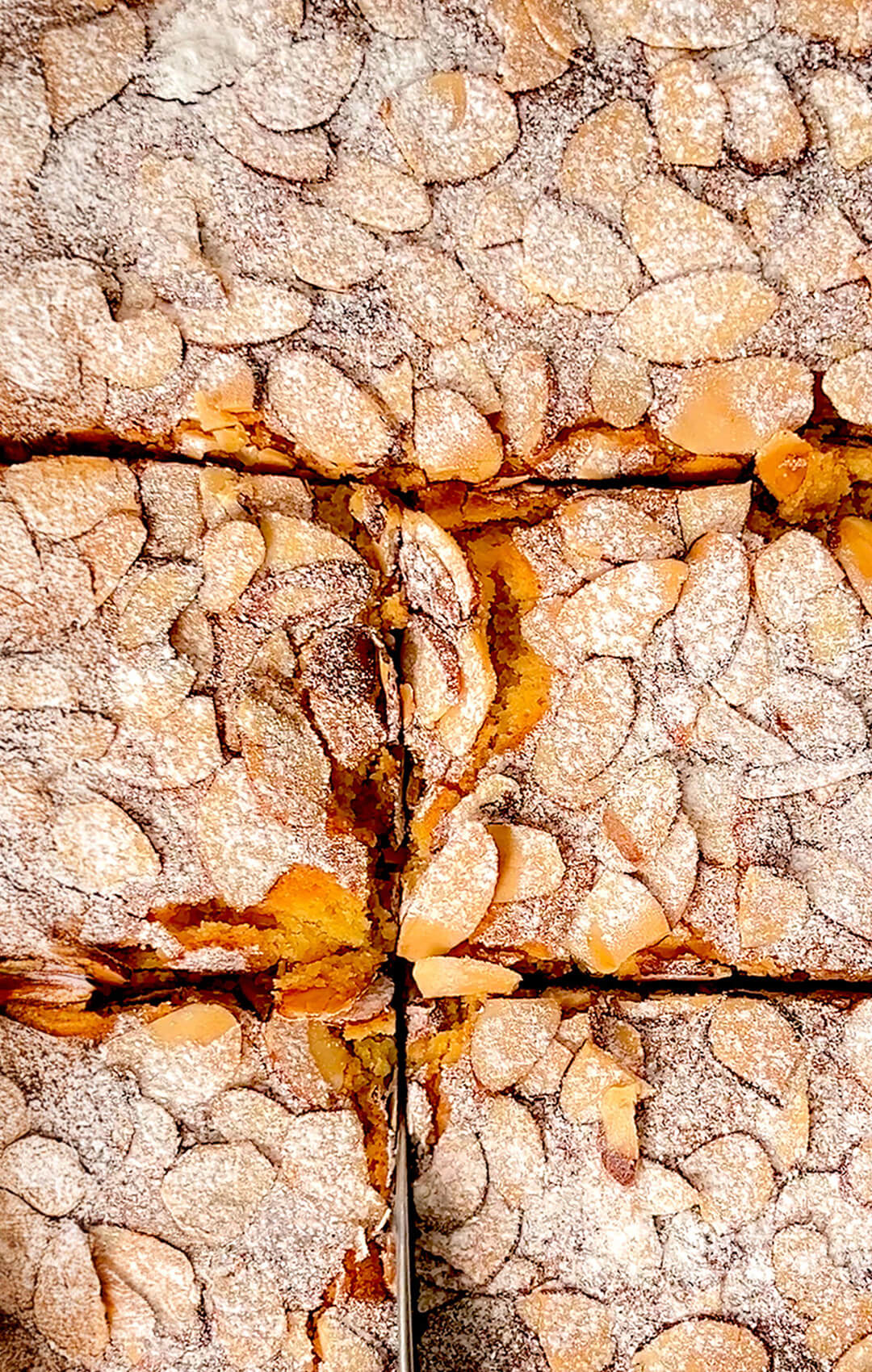 Almond Croissant Bars being sliced from above, with the toasted almond topping softly cracking apart. The golden crust reveals a moist, nutty almond cream centre. Gluten-free, Keto.