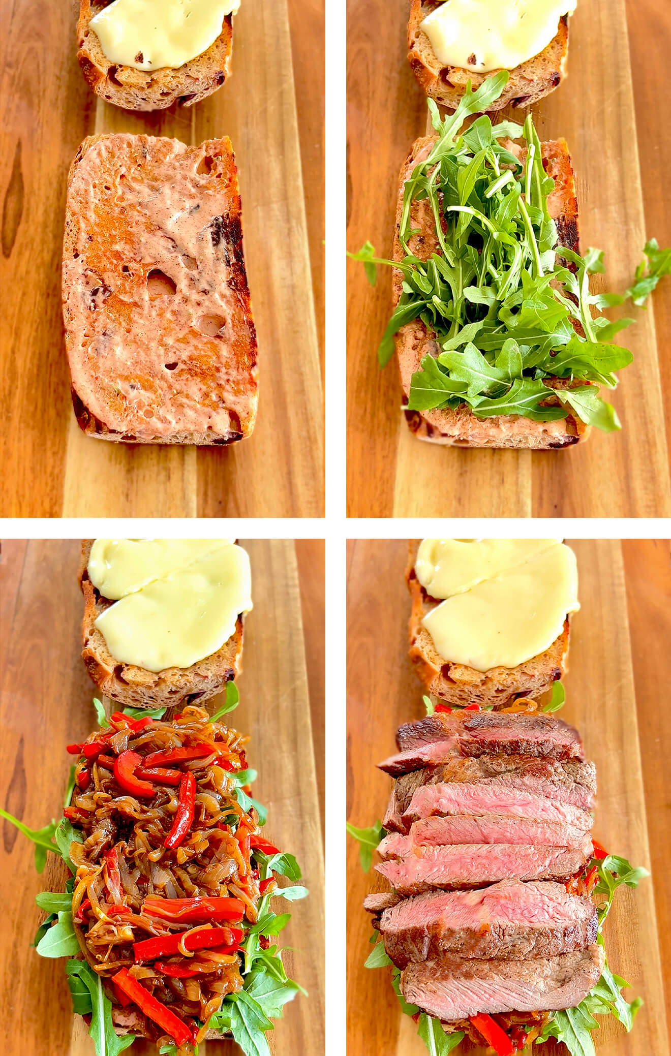 Step-by-step assembly of steak sandwich: spreading sauce, layering steak and caramelized onions