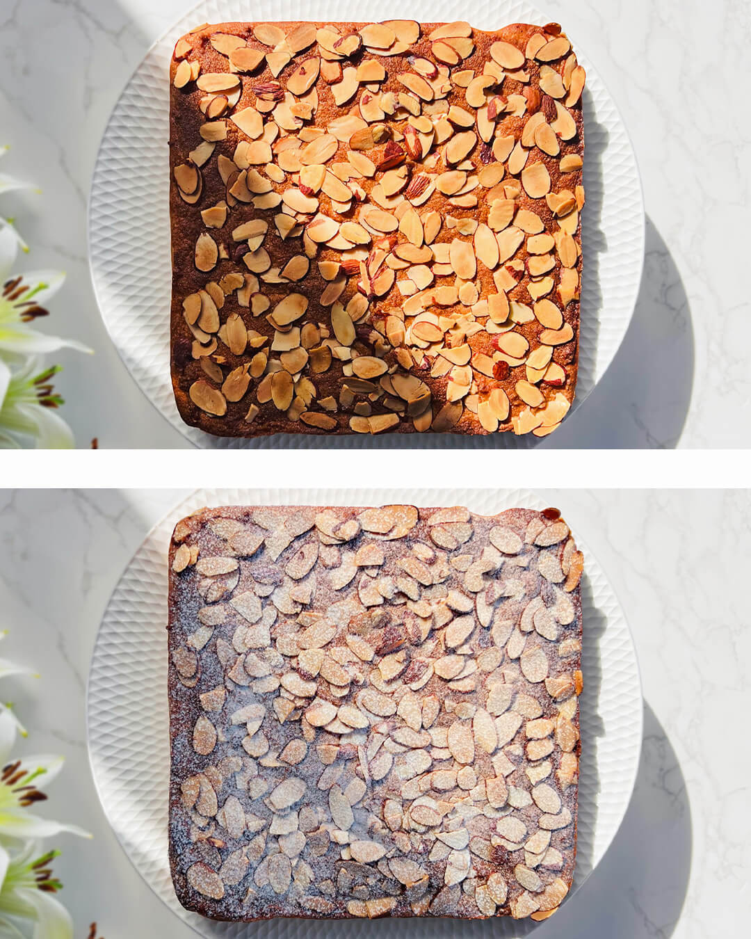 Freshly baked Almond Croissant Bars shown in two views — before and after being dusted with powdered monk fruit sweetener. Golden almond topping, crisp edges, and soft centre visible. A stunning Sugar-Free, Low-Carb dessert ready to serve.