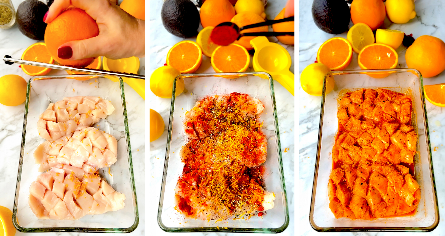 Chicken breast with diamond cuts marinated in citrus and herbs, ready to cook
