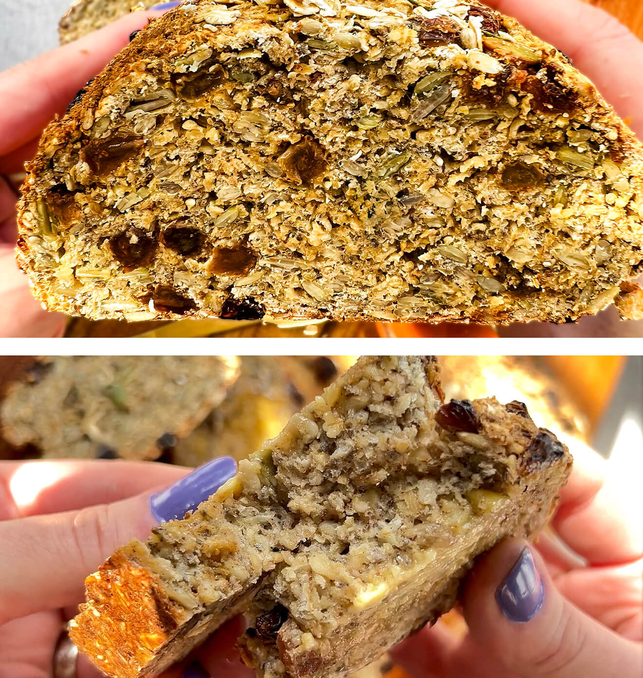 Close-up of cottage cheese oat bread showing moist, soft interior with seeds and oats- high protein, Healthy, oil-free