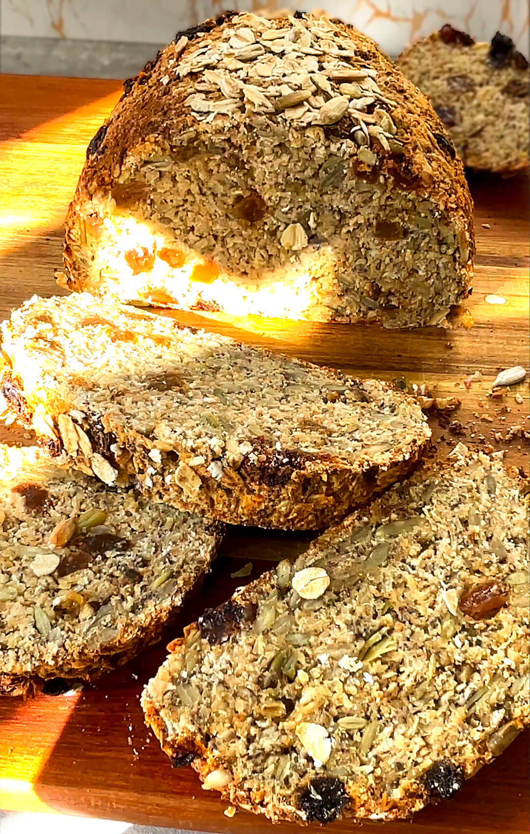 Cottage cheese oat bread partially sliced to show crumb texture- Super easy to make