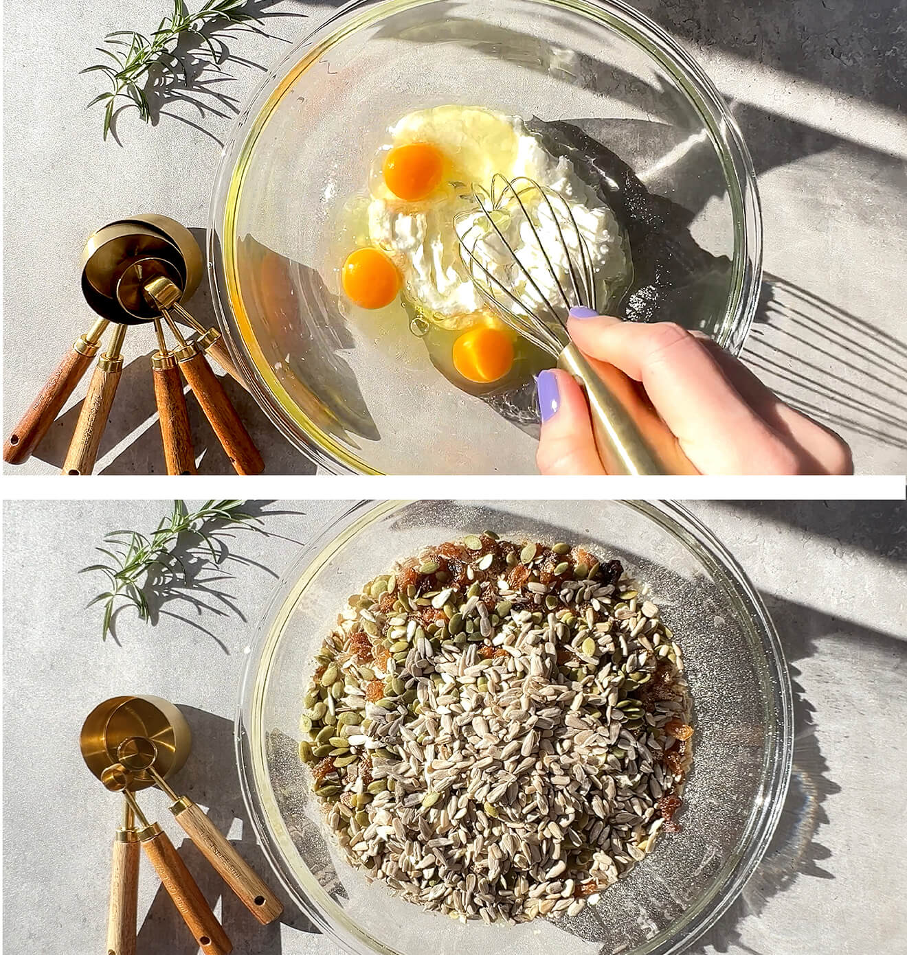Step-by-step: Mixing cottage cheese, oats, eggs, and seeds in a bowl