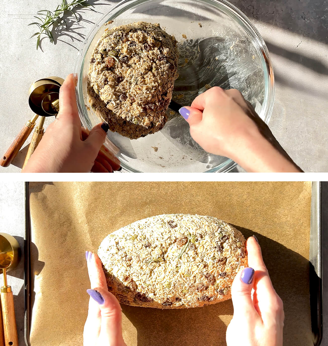 Step-by-step: Shaping the cottage cheese oat bread loaf on baking tray before baking- flourless,