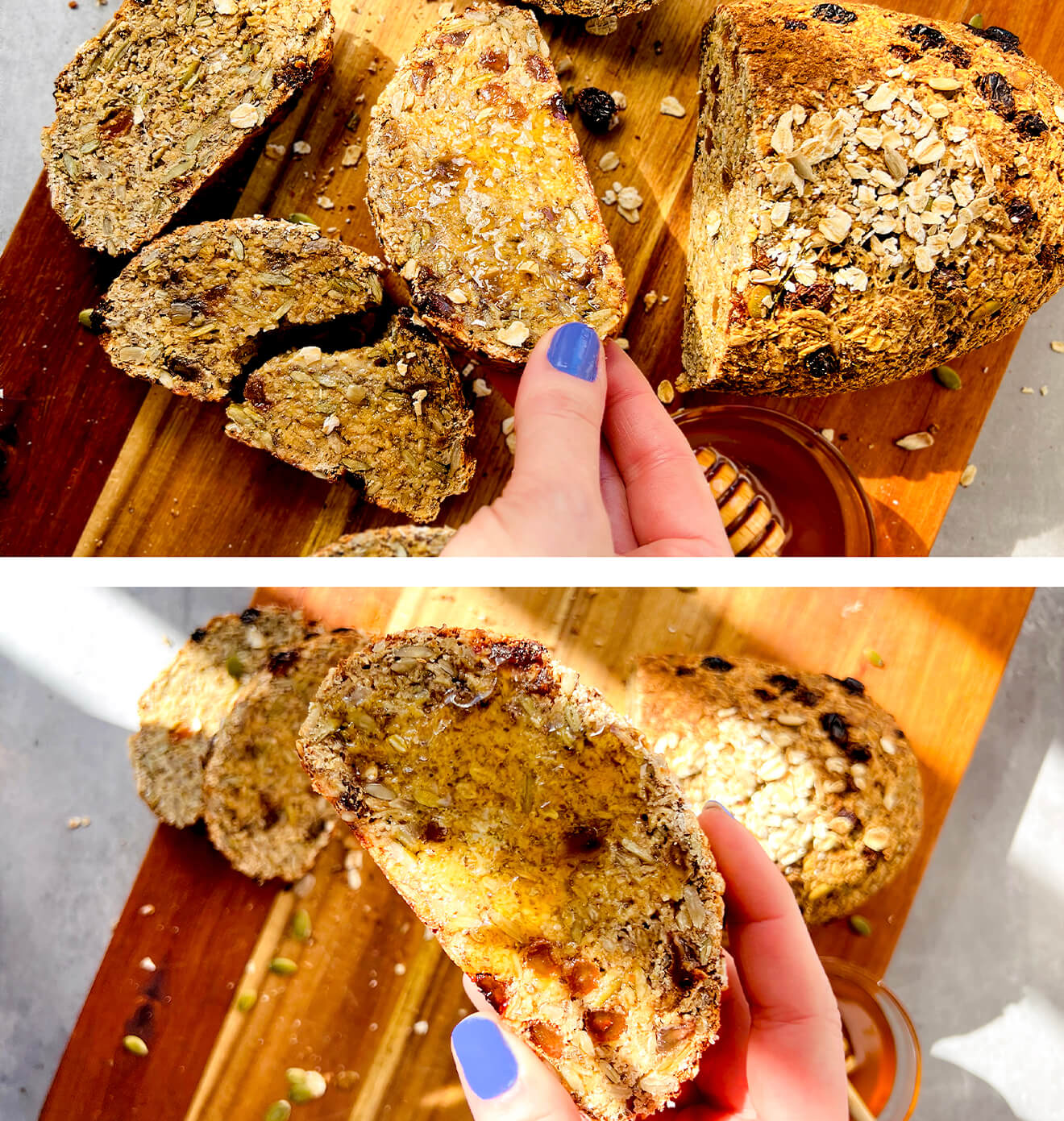 Side view of cottage cheese oat bread slice showing its chewy, dense texture- gluten-free bread