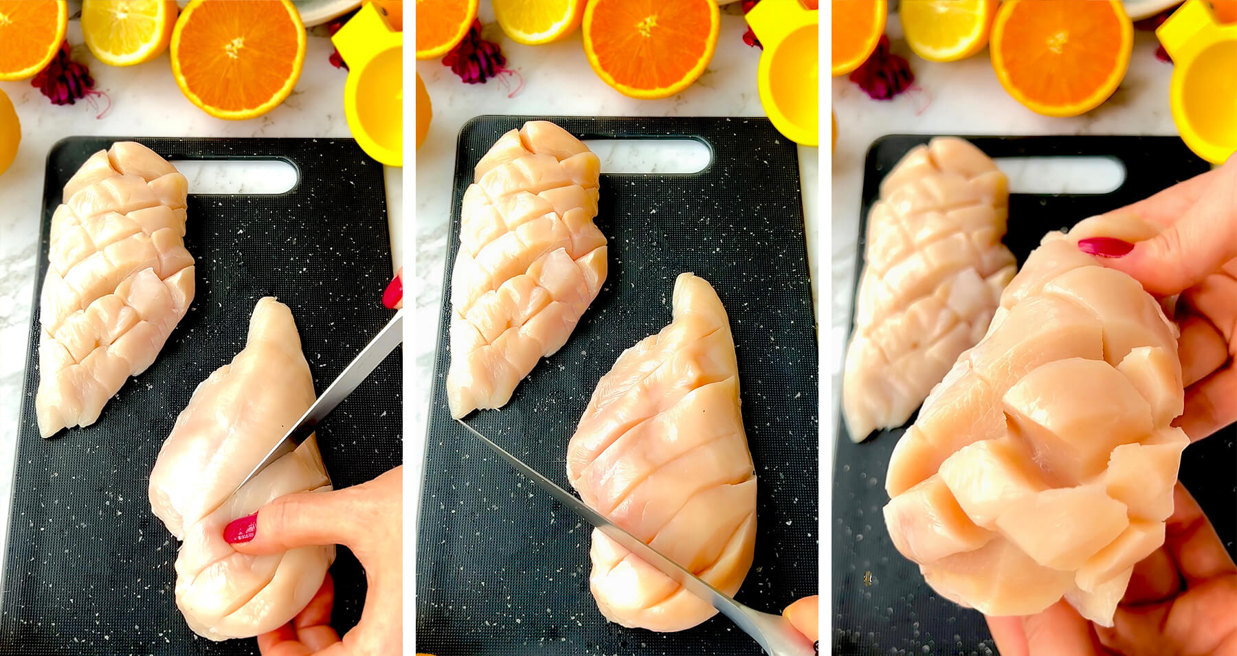 Step-by-step guide showing how to cut diamond shapes into chicken breast for better marinade absorption. Paleo and keto cooking tip.