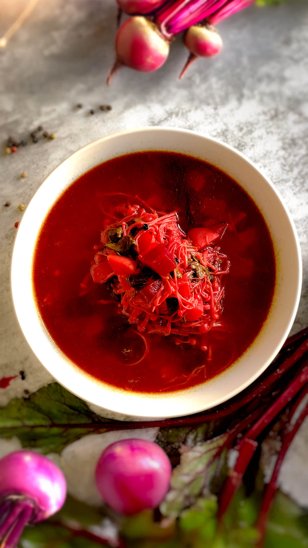 Immune-boosting beetroot, turnip, and enoki mushroom soup for cold and flu relief, comfort, and winter wellness