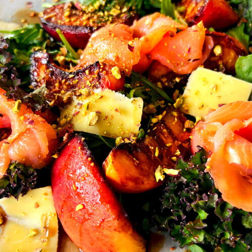pistachio Smoked Salmon Caramelized Peach with Honey Balsamic Dressing