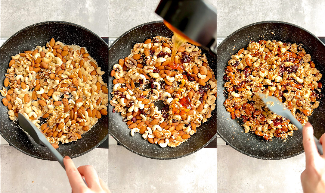 Three-step image showing the process of making nut and seed bars: toasting nuts and seeds in a pan, drizzling honey, and mixing ingredients. One-pan method, paleo and gluten-free snack preparation.