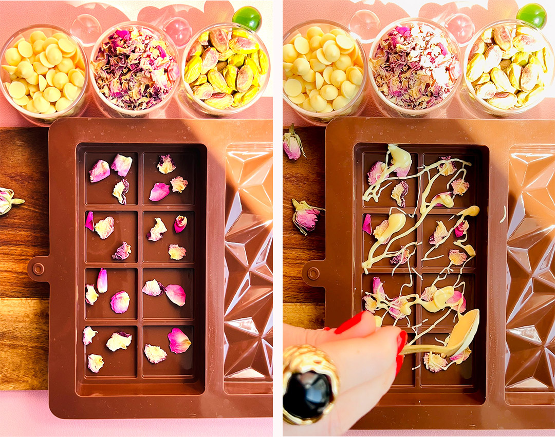 Healthy Dubai Chocolate Bars decorated with rose petals or sprinkled raspberry powder, sugar free, gluten free, keto friendly. low carb, keto, refined sugar, gluten free, paleo.