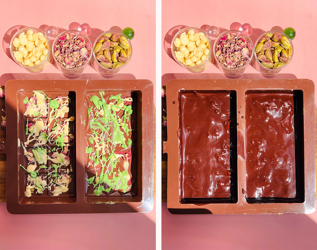 White and green chocolate drizzle with first layer of dark chocolate for Healthy Dubai Chocolate Bars, low carb and paleo friendly. low carb, keto, refined sugar, gluten free, paleo.