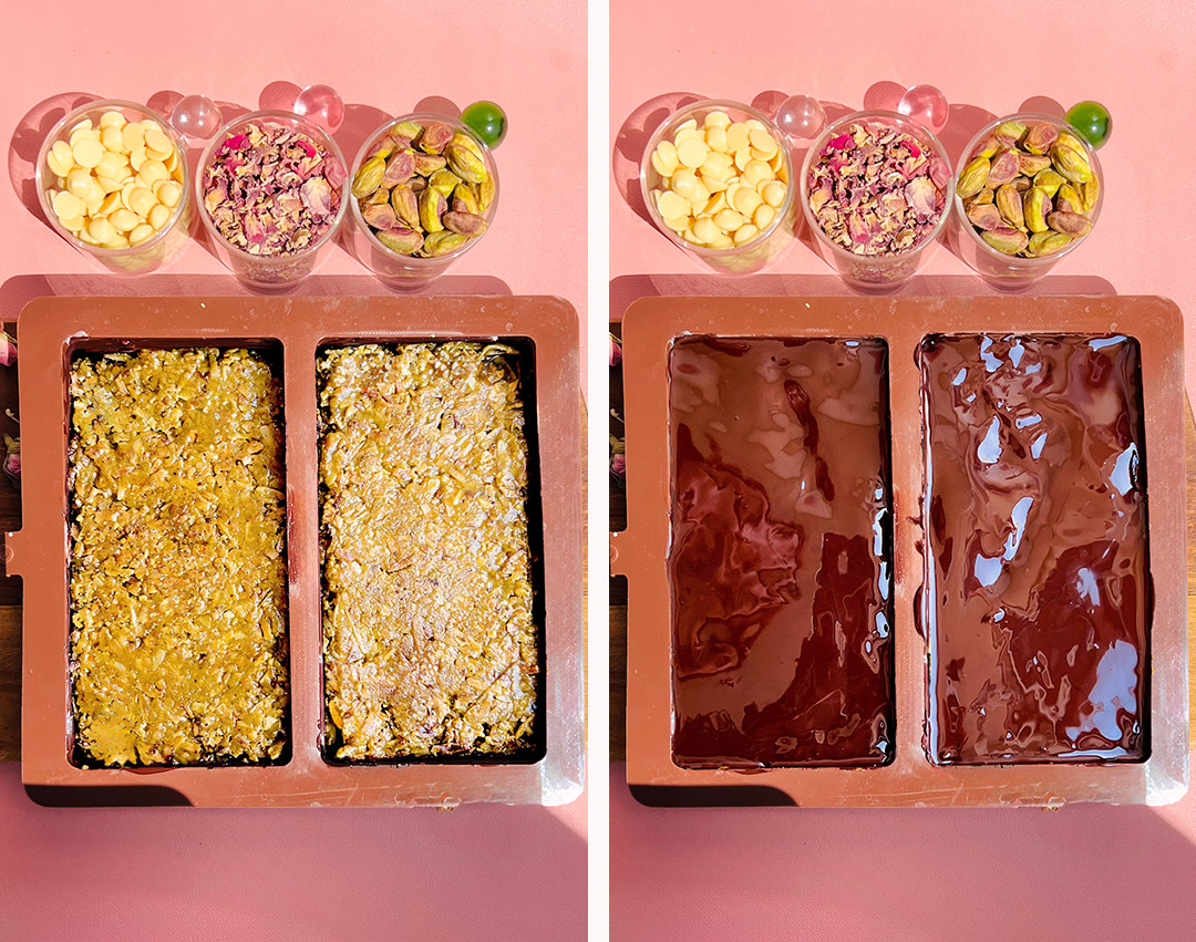 Crunchy and creamy pistachio coconut filling layered inside Healthy Dubai Chocolate Bars, indulgent yet sugar free. Then Pistachio coconut layer covered with melted dark chocolate for Healthy Dubai Chocolate Bars, keto, paleo friendly.