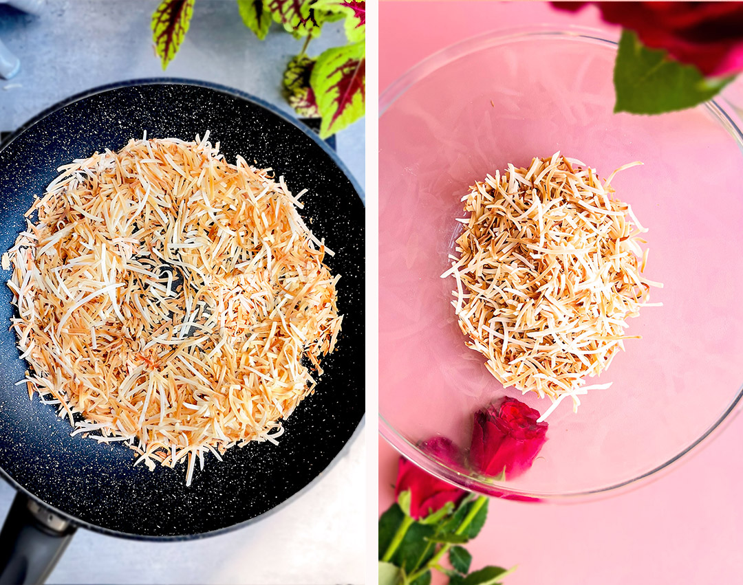 Golden toasted coconut flakes in a pan without oil for Healthy Dubai Chocolate Bars. then Bowl of toasted coconut ready for mixing in Healthy Dubai Chocolate Bars, keto and paleo option. naturally low carb and gluten free, keto, refined sugar free, paleo.