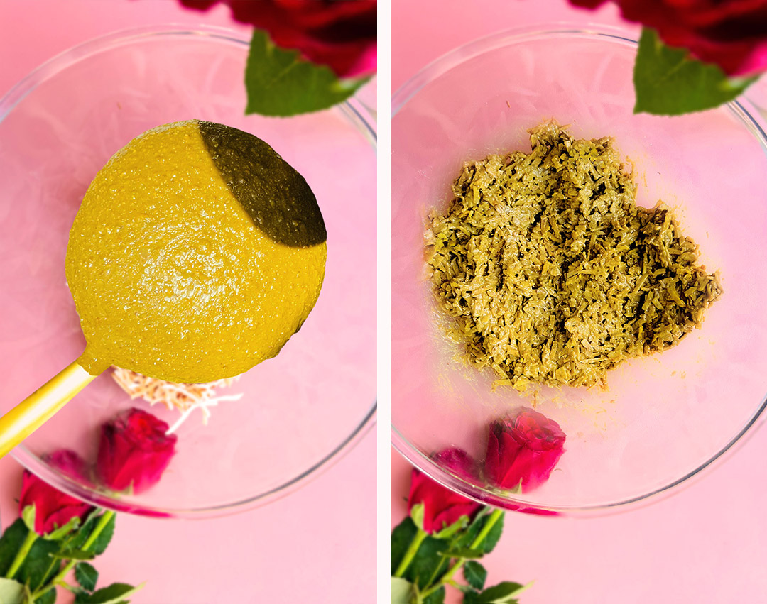 Creamy homemade pistachio butter spooned over toasted coconut for Healthy Dubai Chocolate Bars, refined sugar free and nourishing. Then mixing-pistachio-butter-coconut-healthy-dubai-chocolate-bars.jpg