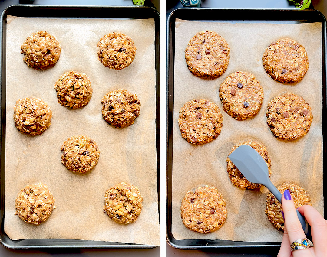Banana tahini cookie dough on baking tray before and after flattening, quick and easy 15 minute refined sugar free oatmeal breakfast cookies