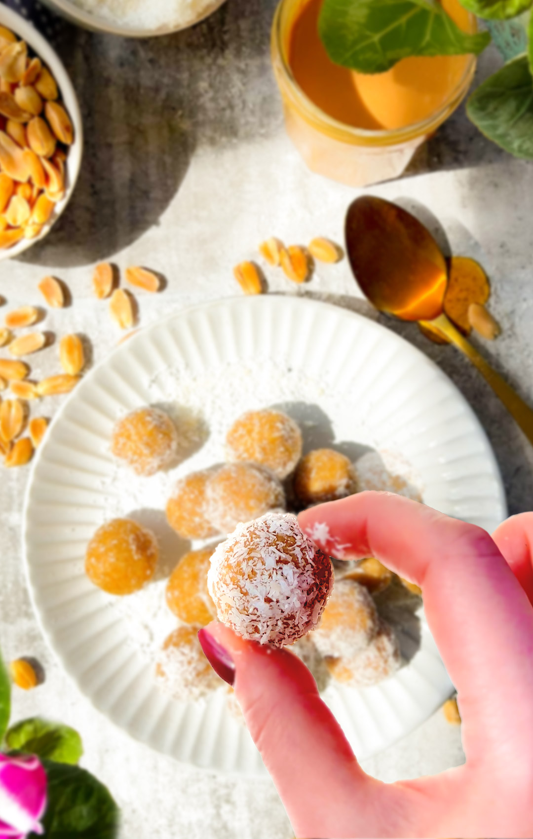 Hand holding a peanut butter coconut energy ball coated in coconut over a plate of healthy energy bites. Quick no bake snack that is vegan, dairy free, and refined sugar free