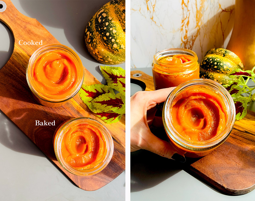 How to Make Pumpkin Purée 2 Ways comparison.Glass jars of homemade pumpkin purée labeled baked and cooked to show texture also, Thick & Creamy, No Water added. Bright orange, smooth, and creamy with no water.