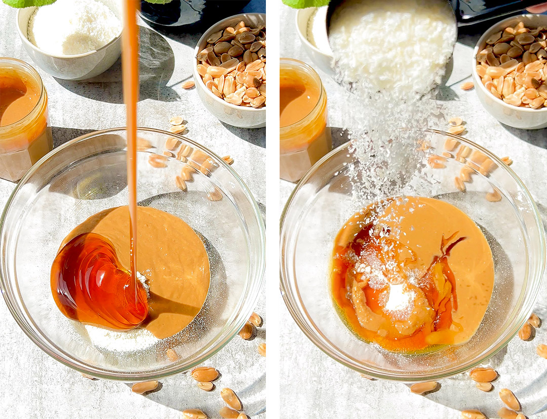 Bowl with peanut butter, maple syrup, and coconut flour being mixed to make easy 5 ingredient peanut butter coconut energy balls. No bake, gluten free, and dairy free recipe