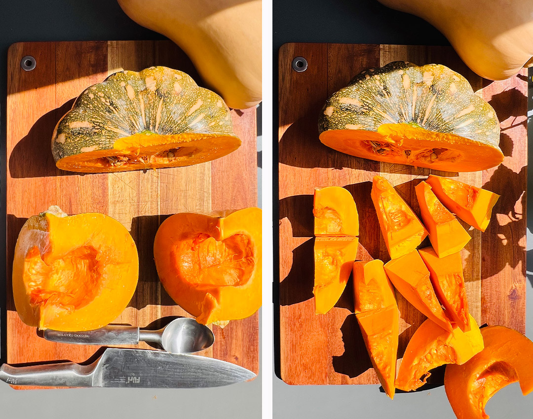 Halve a Kent pumpkin, scoop out seeds, and cut into 4–5 cm wedges on a board to make roasted pumpkin purée at 200°C