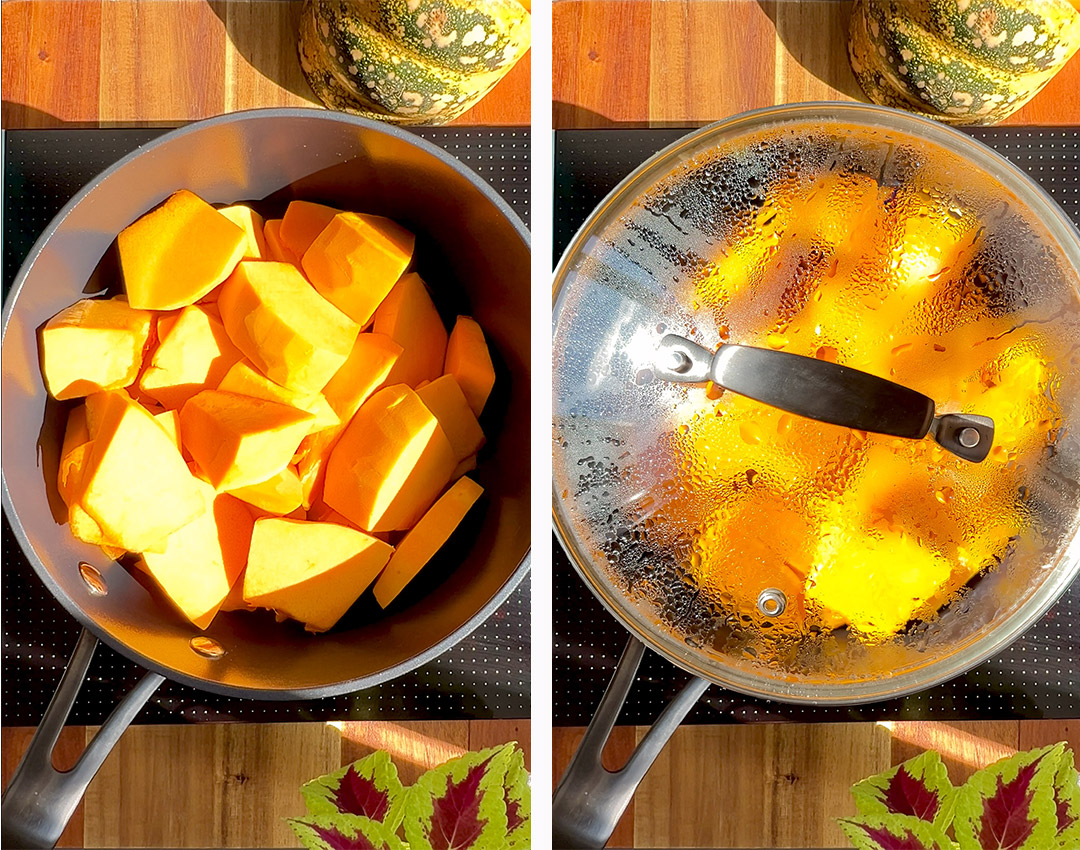Pumpkin chunks in a saucepan covered with a lid to steam without water for thick, creamy homemade pumpkin purée. to show How to Make Pumpkin Purée, Thick & Creamy, No Water added