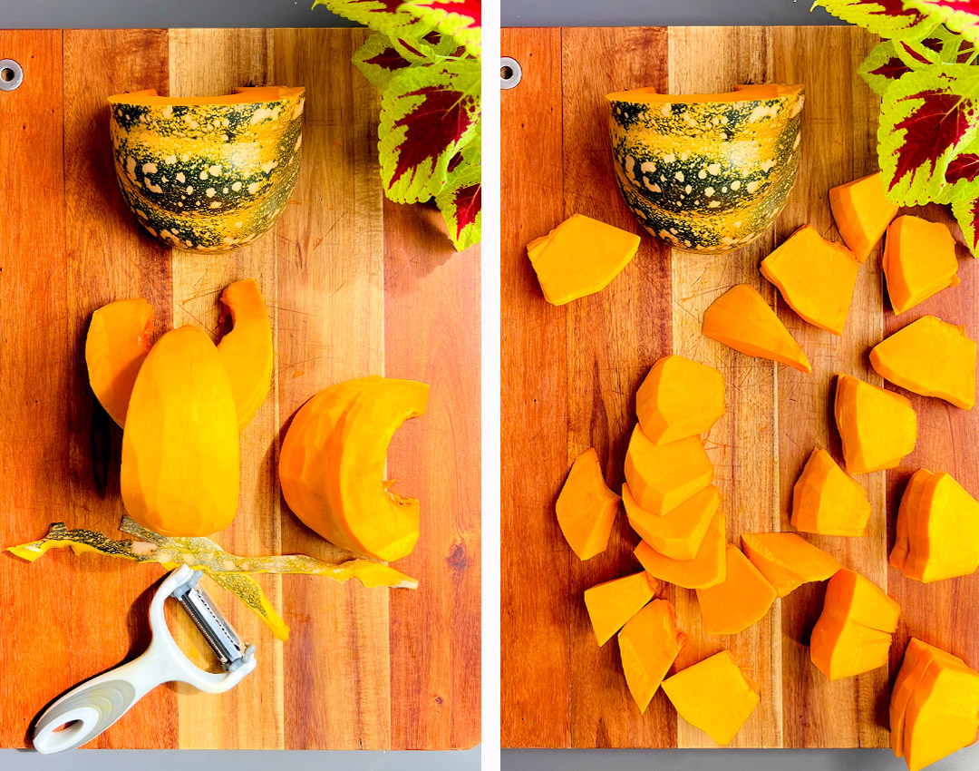 Peel the pumpkin and Peel skin cleanly, and cut into 2–3 cm chunks on a board for cooking pumpkin purée in a saucepan so it steams quickly in its own juices.