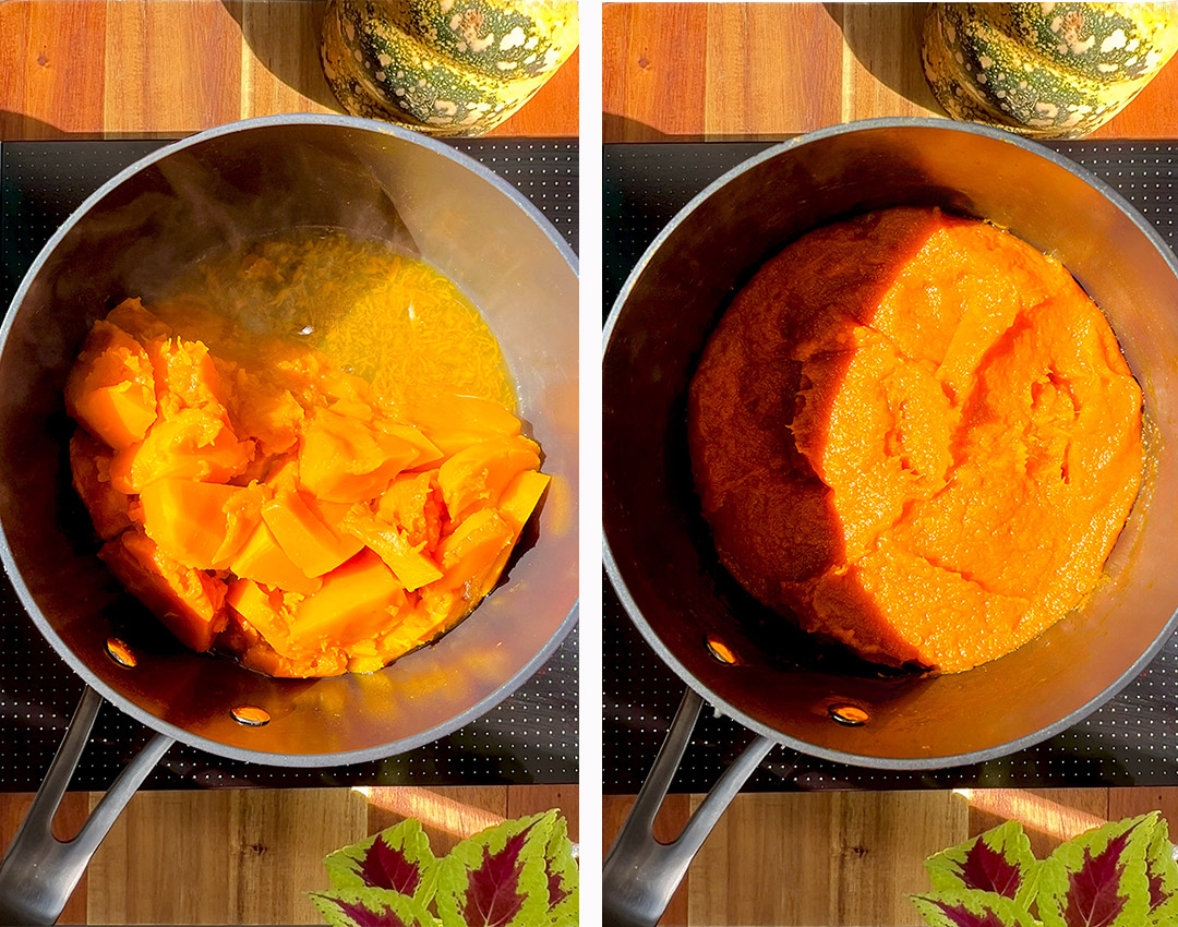 After steaming, visible pumpkin juices in the pan, then reduced on medium heat to a thick, creamy pumpkin purée with no added water.
