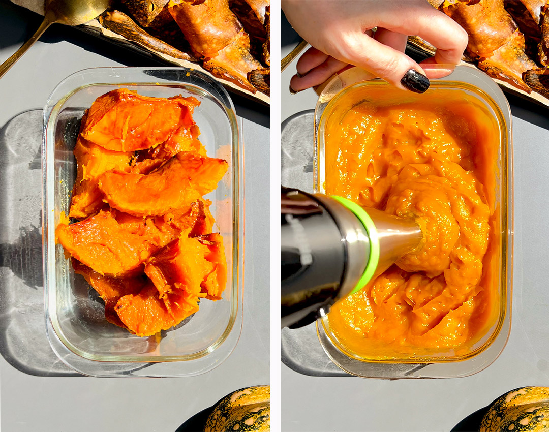 Roasted pumpkin flesh in a glass dish, then blended with an immersion blender until silky and creamy pumpkin purée.