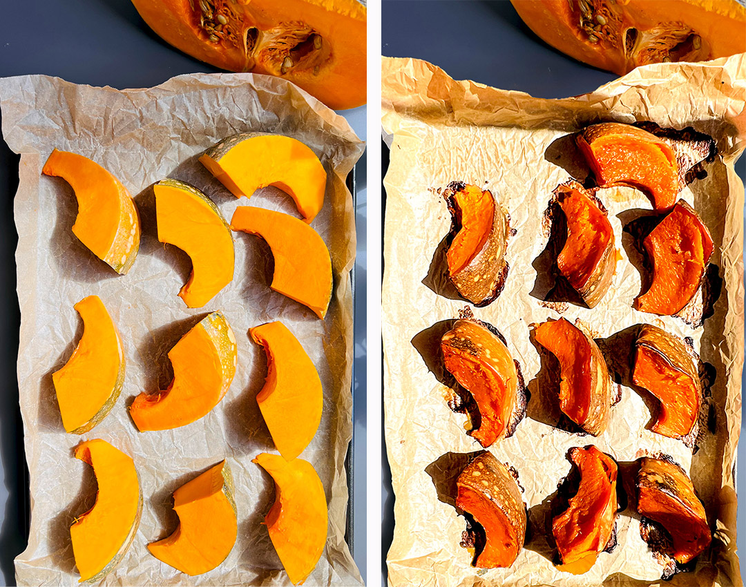 Pumpkin wedges on parchment before baking and after roasting at 200°C with caramelised edges for smooth homemade pumpkin purée.
