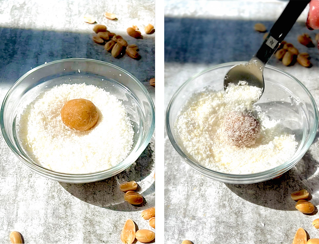 Peanut butter coconut energy ball being rolled in shredded coconut in a glass bowl. Simple homemade keto and paleo snack ready in under 15 minutes.