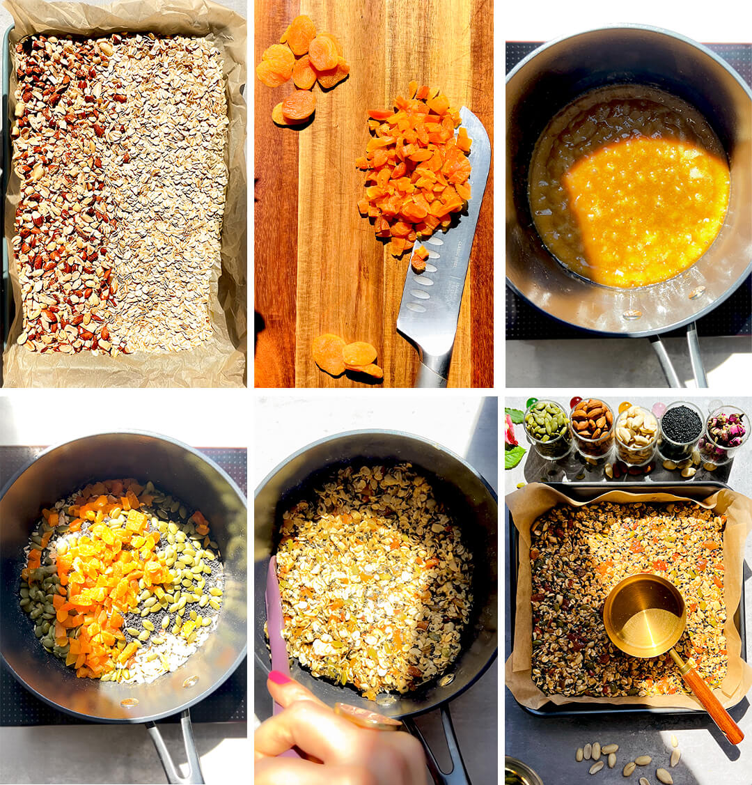 step by step process of making Oat & Nuts Granola Bars With Rosewater & Tahini | Chewy, Gluten Free, showing toasted oats and nuts on a baking tray, sliced dried apricot on a wooden board, warm honey tahini mixture in a saucepan, mixing oats seeds and apricot, and pressing the mixture into a lined pan, gluten free and naturally sweetened healthy snack