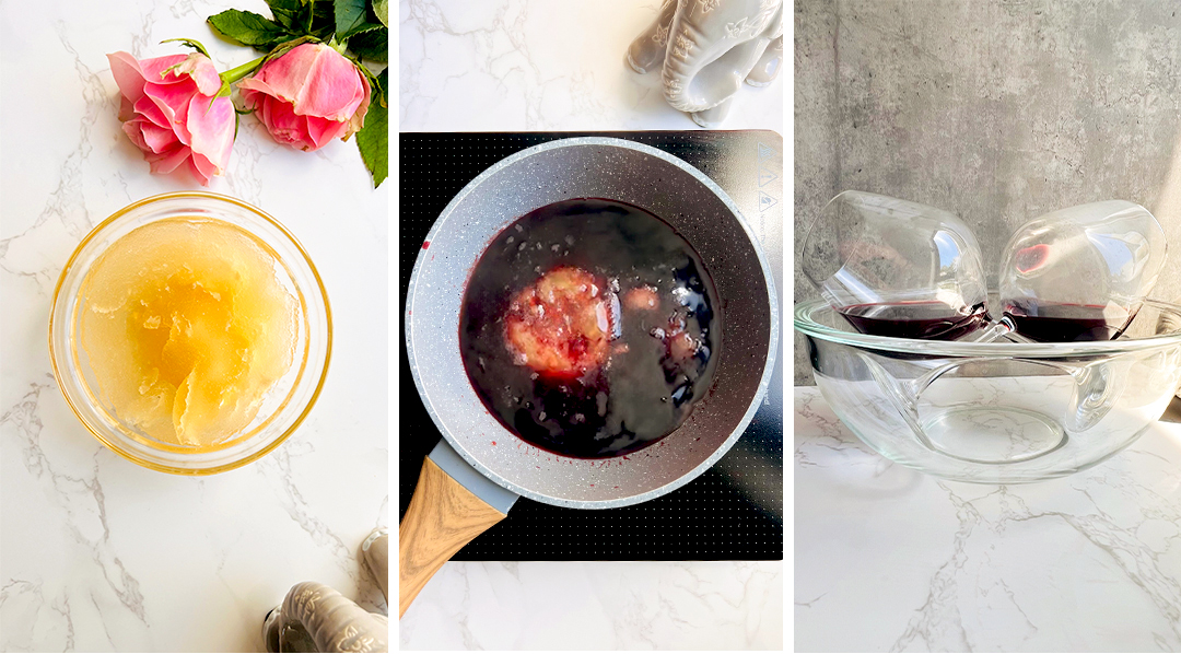 Step-by-step preparation of the pomegranate jelly layer using natural juice and gelatine. This image shows the jelly mixture heating and setting, which creates the bright, fresh base of the trifle. Simple, no bake, and made with no refined sugar