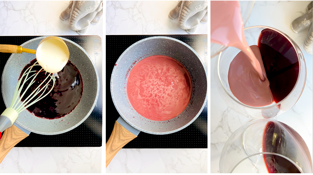 This image shows the flummery layer being prepared and poured. The flummery adds a smooth, creamy texture that balances the fresh pomegranate jelly and berries. Easy to make at home and perfect for layered desserts.