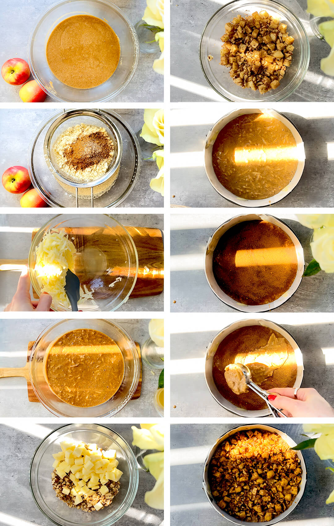 Step-by-step process of making apple pudding cake with almond flour, showing mixing the batter, folding in grated apples, layering cinnamon sugar, and adding the apple walnut topping. Gluten-free, healthy, paleo, dairy-free, and refined sugar-free recipe.