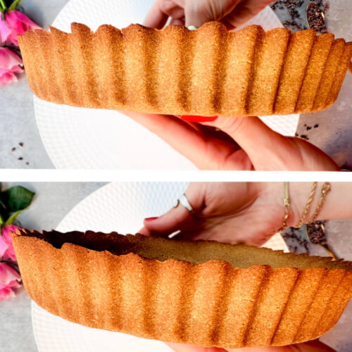 Side view of a baked keto tart crust showing its golden colour and even thickness. This healthy, gluten-free tart crust is made with almond flour, coconut flour, monkfruit sweetener, egg, butter, and iced water, with a firm but tender texture. It’s Healthy, Keto, Gluten Free, Sugar Free.