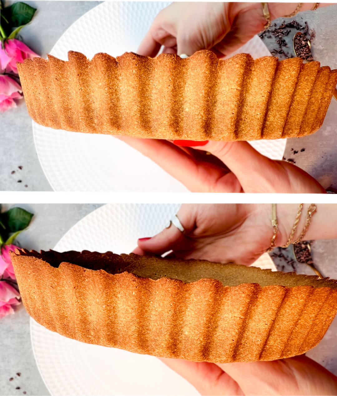 Side view of a baked keto tart crust showing its golden colour and even thickness. This healthy, gluten-free tart crust is made with almond flour, coconut flour, monkfruit sweetener, egg, butter, and iced water, with a firm but tender texture. It’s Healthy, Keto, Gluten Free, Sugar Free. 