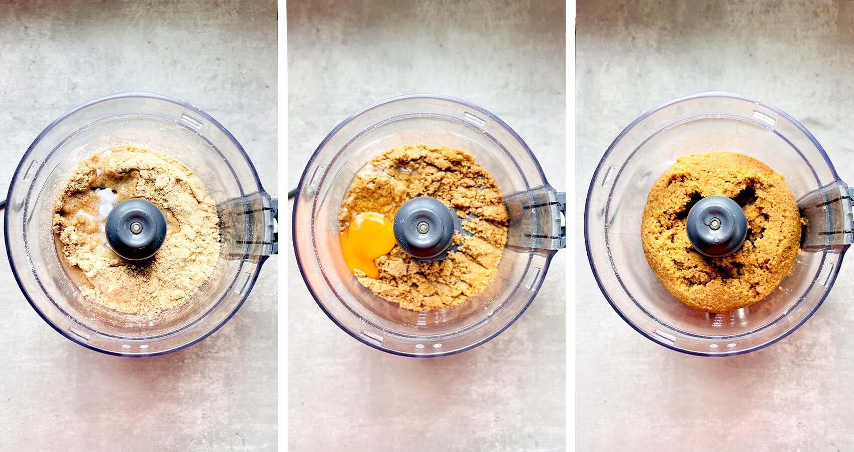 Step-by-step process of making keto tart crust dough in a food processor. The image shows almond flour, coconut flour, monkfruit sweetener, cocoa powder, and salt blended first, then egg added, followed by the mixture forming a soft, cohesive dough. This healthy, gluten-free sugar-free, keto, low-carb tart crust is refined sugar-free and easy to prepare.