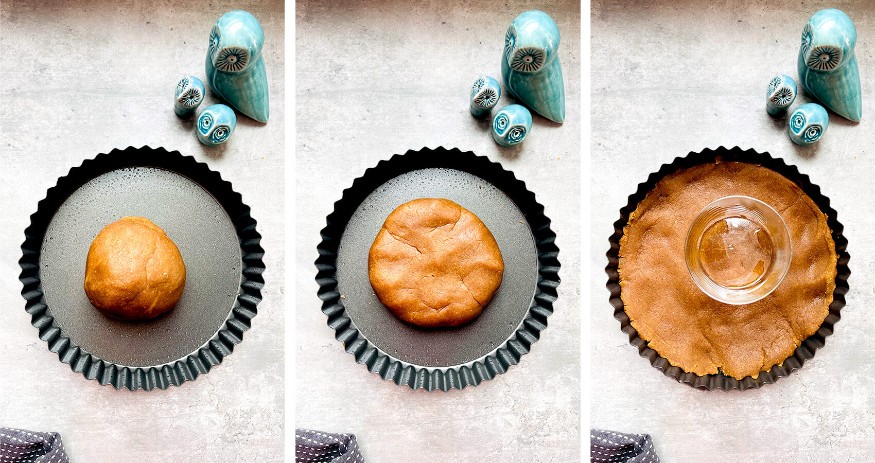 Keto tart crust dough pressed evenly into a 20 cm tart tin using hands and the base of a glass. Made with almond flour and coconut flour, this healthy, gluten-free, sugar-free tart crust is shaped evenly across the base and sides for consistent baking.